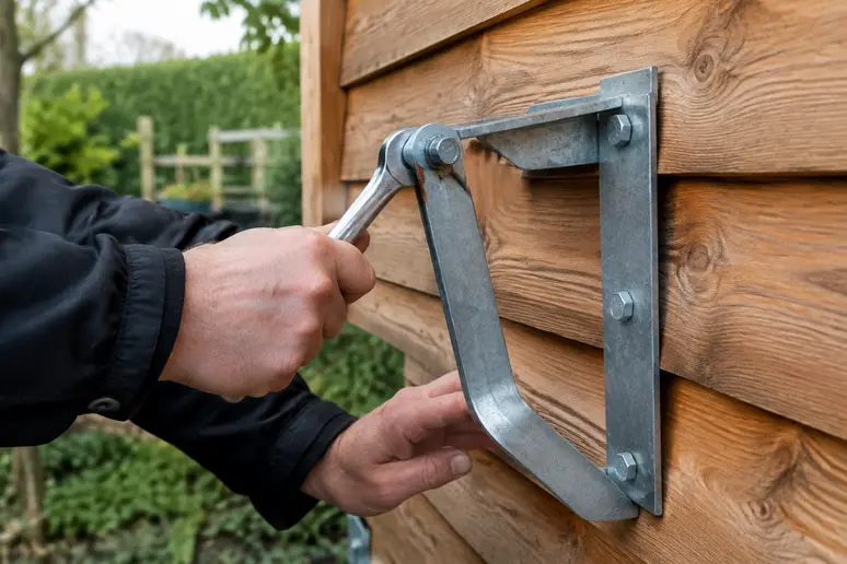 Mains ajustant une lame anti-tempête sur un abri de jardin en bois avec du jeu