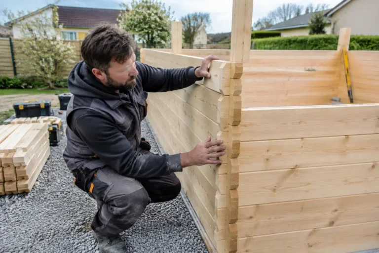 Un artisan assemble soigneusement les madriers d'un abri de jardin bois 20m2 dans un jardin.