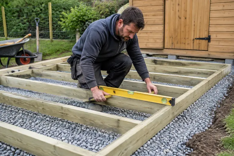 Pose d'un plancher en bois sur un abri de jardin bois 5m2 posé sur sol plat