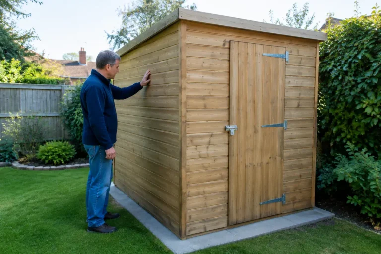 Installation d un abri de jardin bois 5m2 traité en autoclave dans un jardin verdoyant