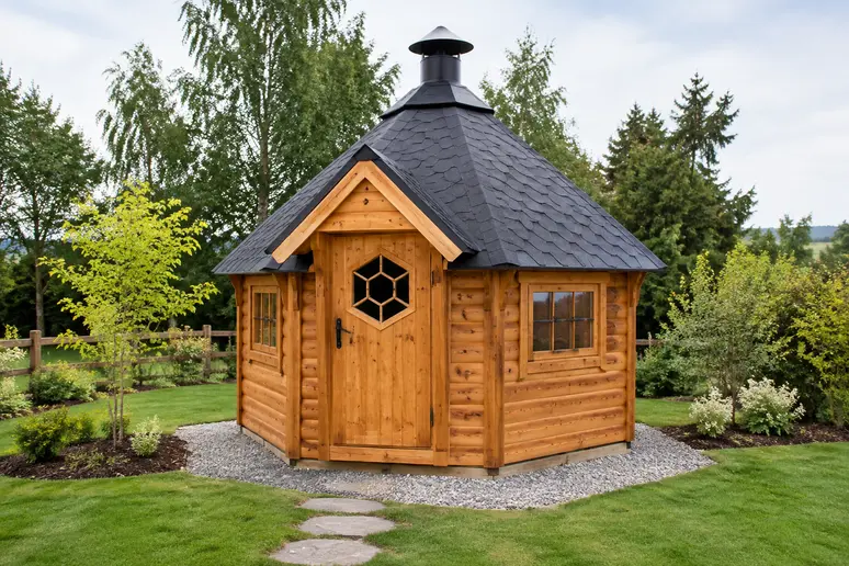 Aménagement extérieur d'un abri kota en bois installé dans un jardin résidentiel