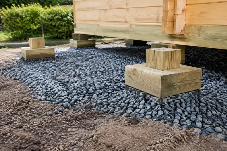 Préparation de la base et des fondations en bois pour l'installation d'un abri kota