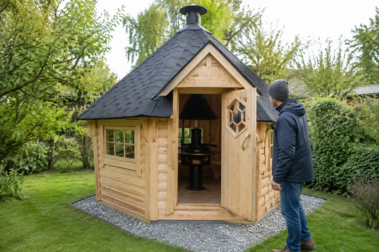 Un abris kota en bois installé dans un jardin verdoyant avec une personne