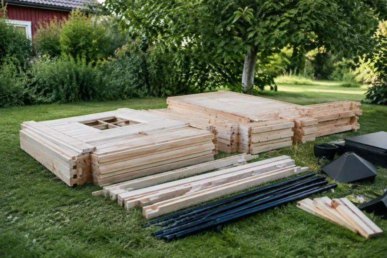 Pièces en bois et éléments d'un kit de kota finlandais prêts pour le montage au jardin