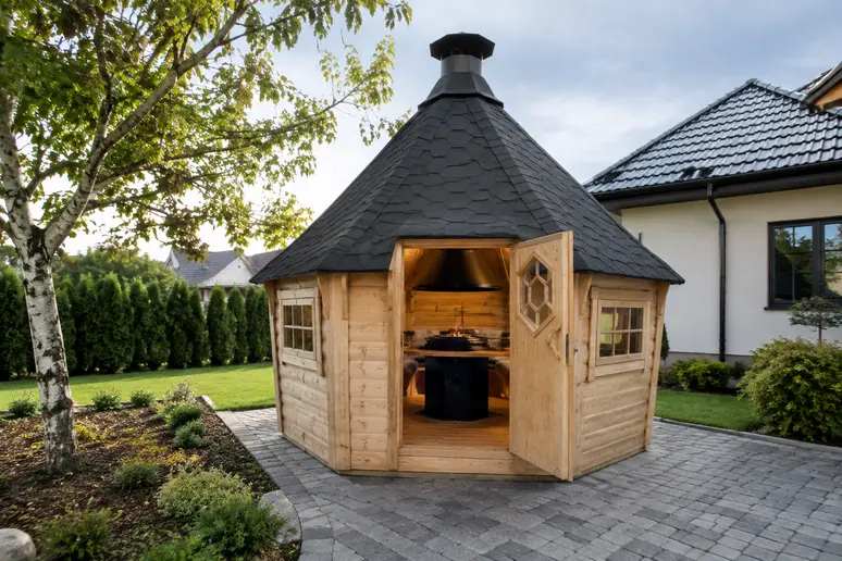 Grand kota grill finlandais installé dans un jardin résidentiel pour estimer son encombrement