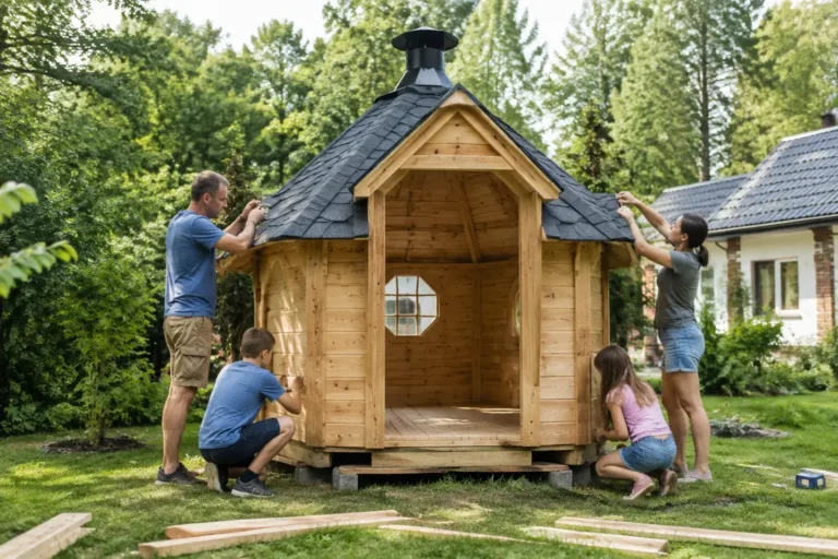 Installation d'un barbecue finlandais en bois dans un jardin verdoyant