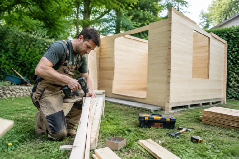 Un artisan assemble une cabane insolite en kit dans un jardin verdoyant avec des outils de construction