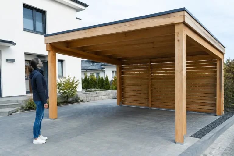 Un carport bois moderne installé dans le jardin d'une maison résidentielle en journée