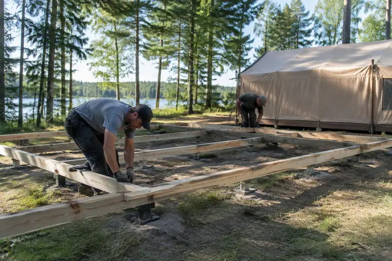 Préparation du sol et des fondations en bois pour l'installation d'une tente lodge sur un terrain