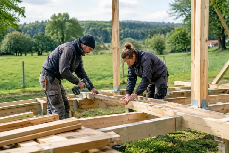 Ouvriers assemblant la structure en bois pour construire tente lodge dans un pré en France