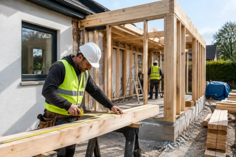 Chantier de construction montrant l'assemblage d'une extension maison bois moderne par un charpentier