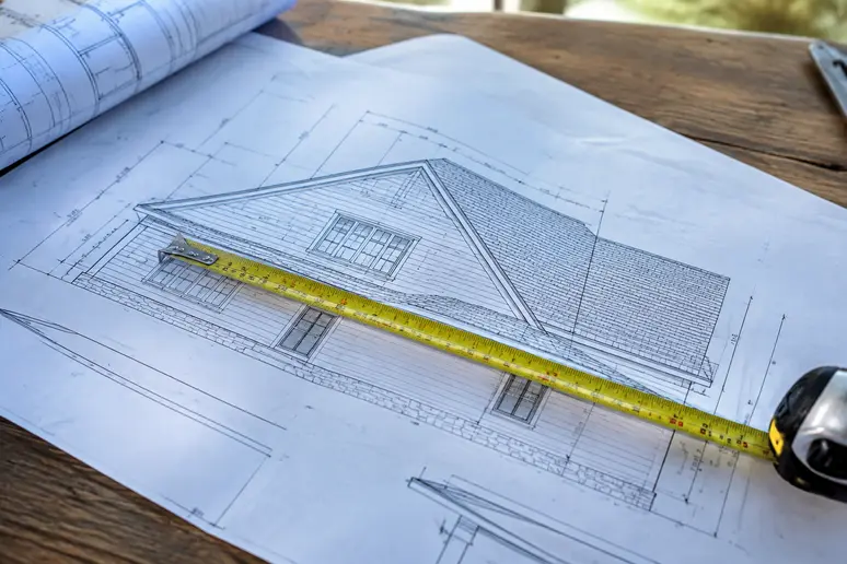 Plan architectural et mètre ruban mesurant l'emprise au sol d'un garage en bois.