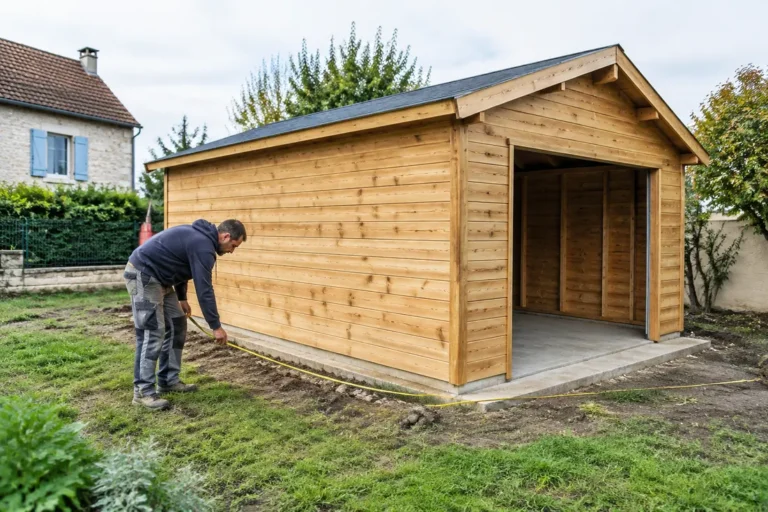 Propriétaire mesurant l'emplacement extérieur d'un nouveau garage en bois dans un jardin résidentiel