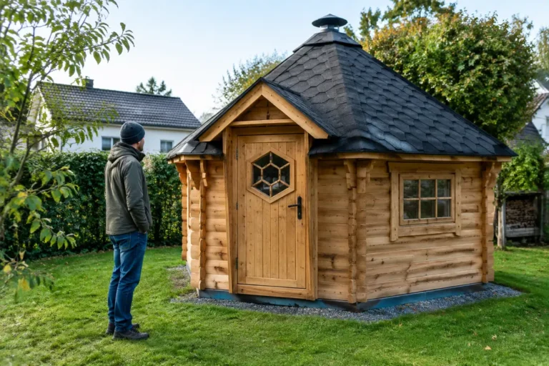 Un kota finlandais en bois installé dans un jardin verdoyant avec une personne habillée