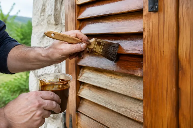 Application d'une lasure bois extérieur teintée sur un volet en bois avec une brosse plate