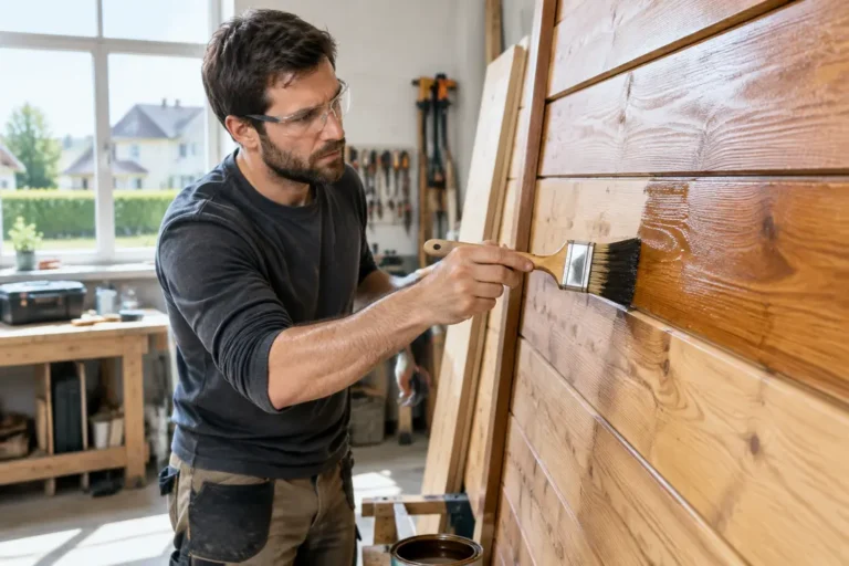 artisan appliquant soigneusement de la lasure bois extérieur sur un panneau en bois dans son atelier