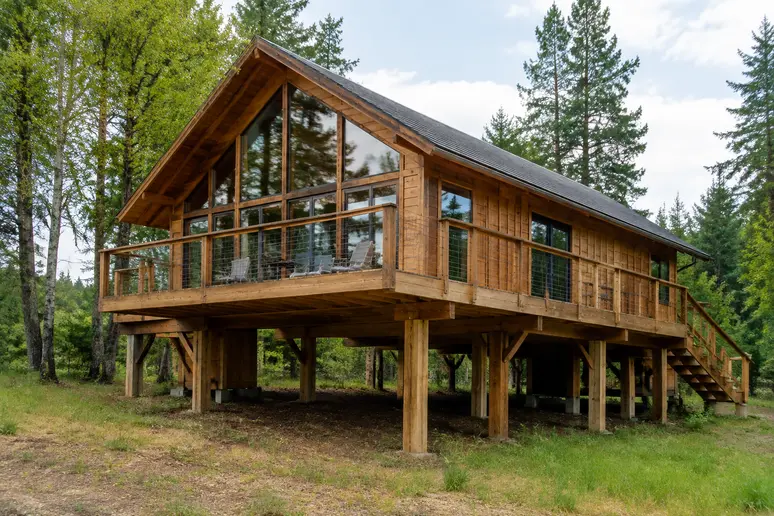Lodge en bois habitable sur pilotis installé sur un terrain naturel.