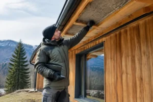 Un ouvrier inspecte l'isolation et la façade en bois d'un lodge en bois par temps clair