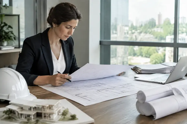 Architecte examinant les plans et le dossier de permis de construire pour une maison en bois