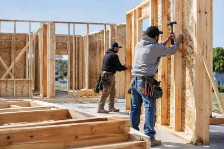 Ouvriers assemblant la structure d'une maison bois en kit sur un chantier de construction en plein air