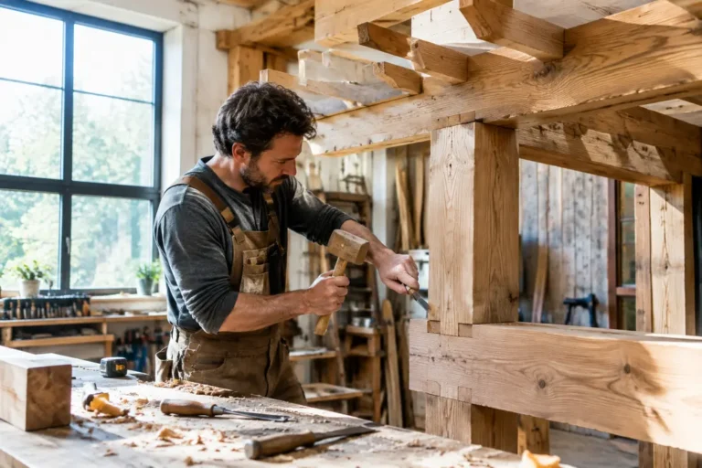 Un artisan assemble les éléments d'une pergola bois adossée dans son atelier lumineux.