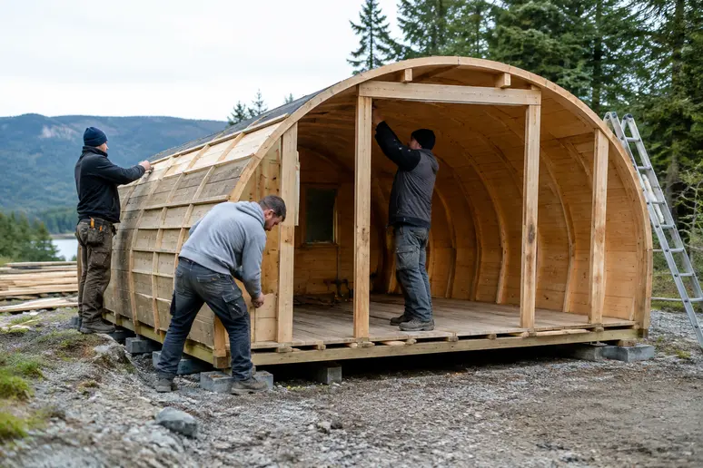 Équipe d'artisans assemblant les panneaux en bois d'un grand pod sur le chantier