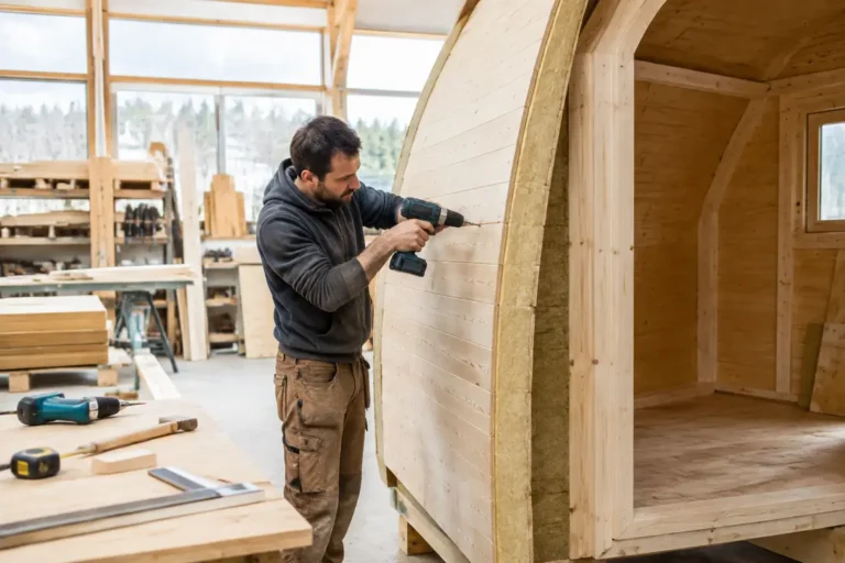 Un artisan assemble les panneaux isolés d'un pod bois dans un atelier lumineux