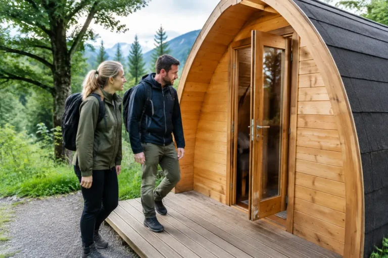 Un couple explore un pod camping en bois installé en pleine nature pour évaluer son confort.