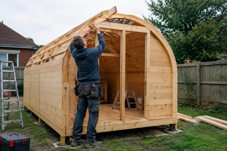 Pod en kit en bois massif monté dans un jardin avec une structure apparente