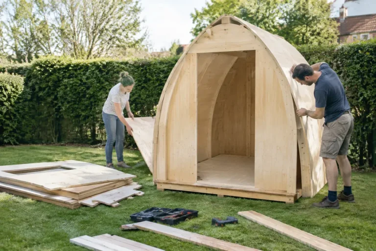 Assemblage d'un pod en kit en bois dans un jardin résidentiel