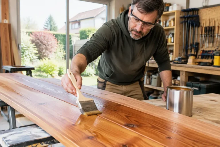 Un artisan applique du saturateur bois sur une terrasse extérieure en bois