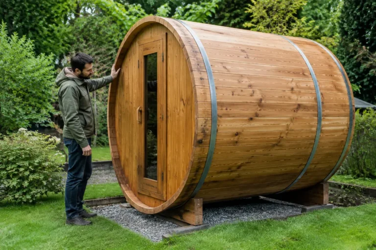 Un sauna tonneau en bois installé dans un jardin verdoyant avec un aspect pratique et esthétique.