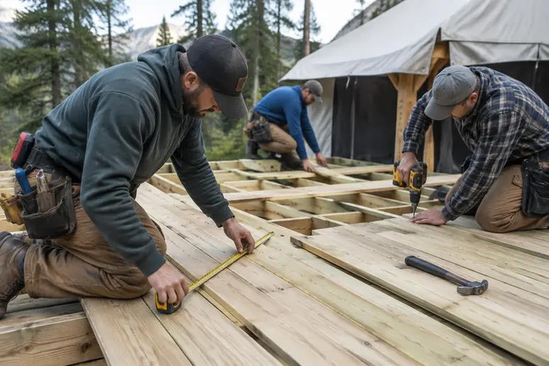 Construction d'une plateforme en bois servant de support pour une tente lodge
