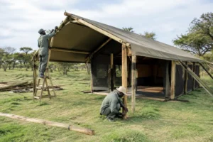 Installation d'une tente lodge prix abordable sur un terrain naturel de camping