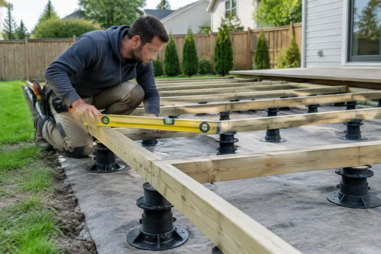 artisan installant une structure de terrasse bois sur plot dans un jardin