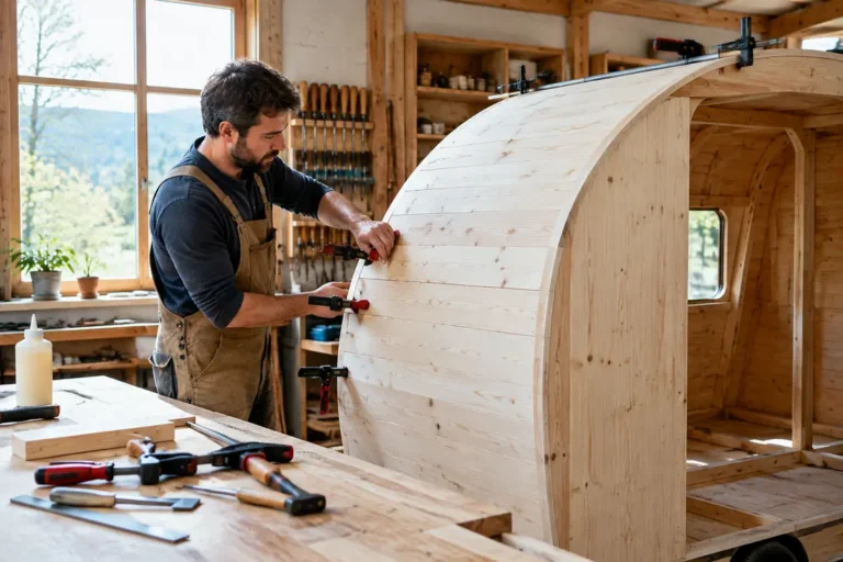 Artisan assemblant les éléments en bois d'un tonneau habitable dans un atelier lumineux